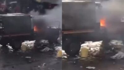 Police officers vehicle burnt down