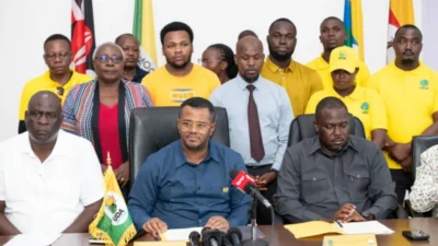 Officials of the united democratic alliance (uda) and national resistance movement (nrm) hold a joint meeting at hustler plaza on may 10, 2025.