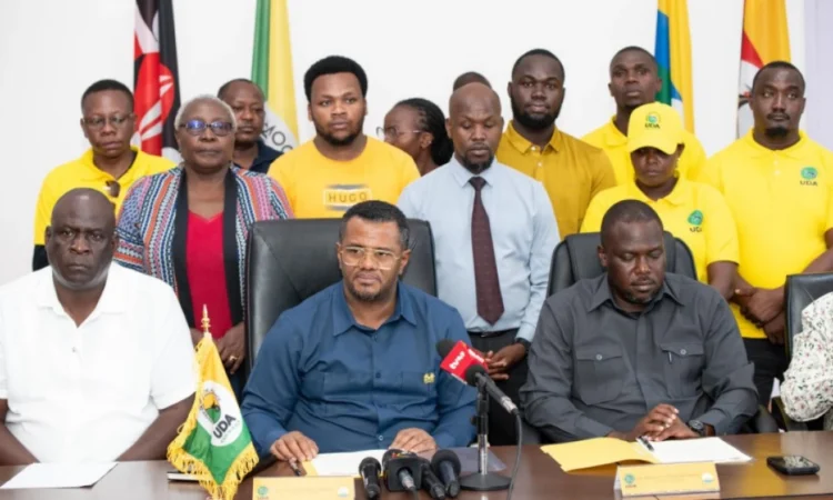 Officials of the united democratic alliance (uda) and national resistance movement (nrm) hold a joint meeting at hustler plaza on may 10, 2025.