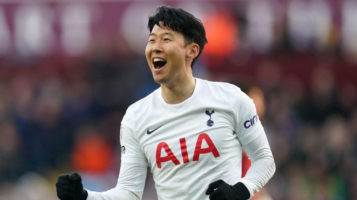 Tottenham hotspur's son heung min celebrates scoring their side's fourth goal of the game, completing a hat trick during the premier league match at villa park, birmingham. picture date: saturday april 9, 2022.