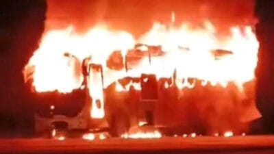 Boda Boda goons set on fire a whole Mash Poa bus b