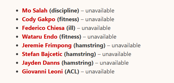 Liverpool injury list