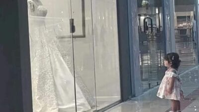 Toddler admiring wedding dress