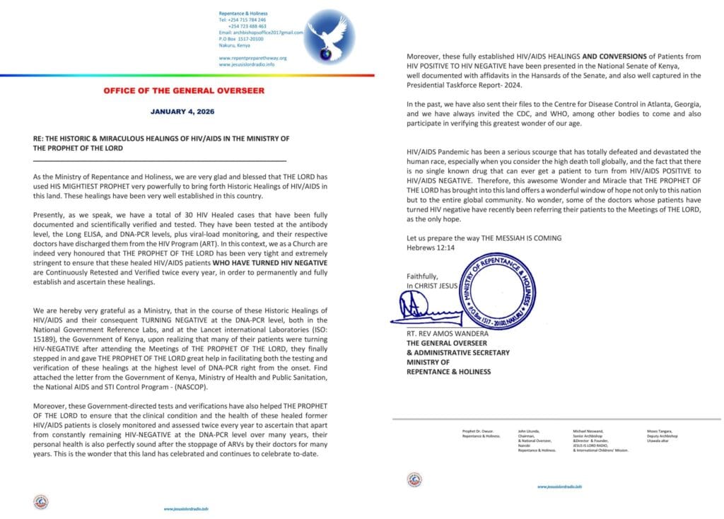 OFFICIAL MINISTRY STATEMENT ON THE HEALING OF HIVA