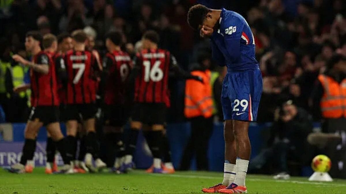 Chelseas french defender wesley fofana reacts after bournemouths dutch striker justin