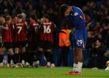 Chelseas french defender wesley fofana reacts after bournemouths dutch striker justin