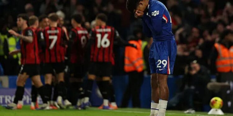 Chelseas french defender wesley fofana reacts after bournemouths dutch striker justin