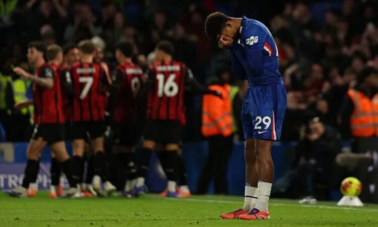 Chelseas french defender wesley fofana reacts after bournemouths dutch striker justin