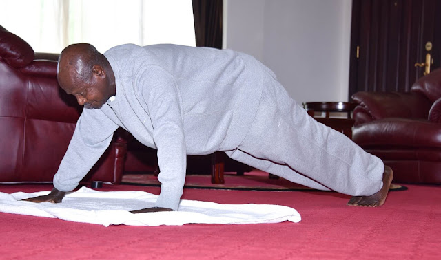 President Yoweri Museveni exercising at his office