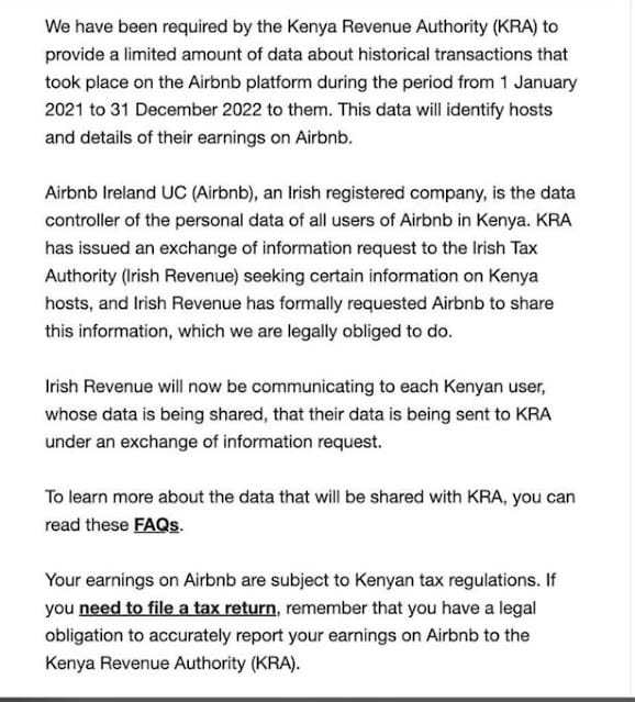Airbnb to share transactions backed with MPESA records with KRA to nail tax cheats