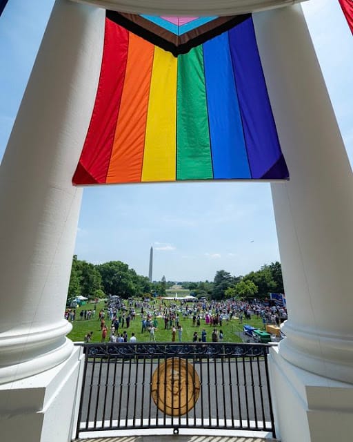 America LGBTQ flag and American flag together in Whitehouse Pride comes before fall! America’s Pride Month applauds LGBTQI+ events like Sodom and Gomorrah