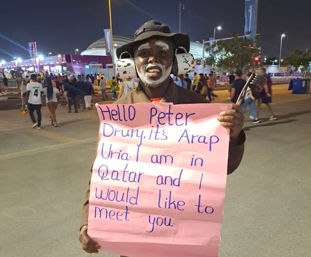 Arap Uria hangs on in Qatar to meet Peter Drury, social media buzzes over his begging placard