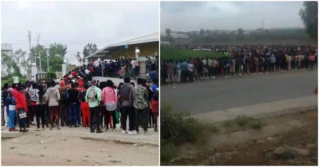 Hundreds flocked an EPZ gate along the Kitengela-Athi River Road, scrambling for 20 available posts