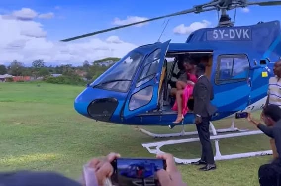 [Video] Why Eddie Butita and his fiance used a helicopter to fly to Akothee’s wedding