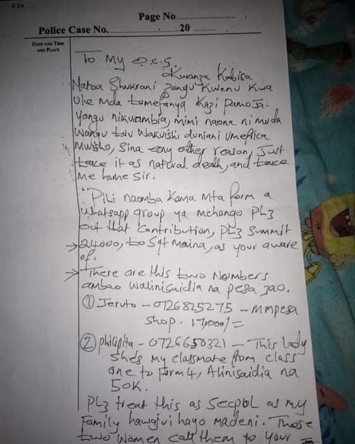 Full letter of Changamwe Police officer who committed suicide over Sh 81,000 debt revealed