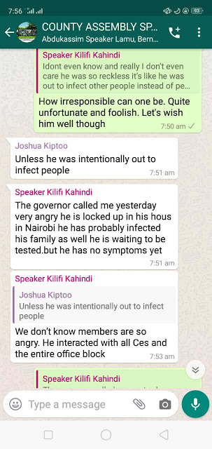 Leaked whatsapp messages warning the Kilifi deputy Governor over coronavirus