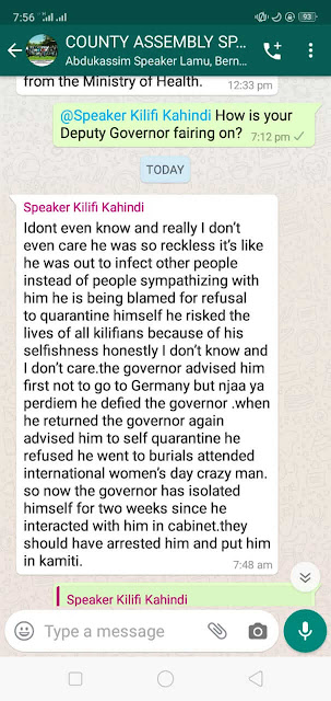 Leaked whatsapp messages warning the Kilifi deputy Governor over coronavirus