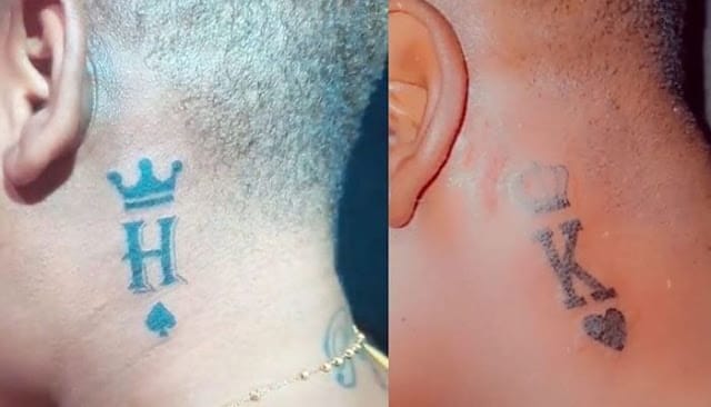 [PHOTOS] Kajala and Harmonize draw Tattoos on their necks to signify their love
