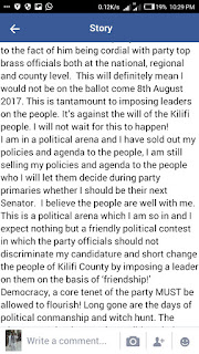 Hon Kennedy Nyale posting about ODM leaders planning to rig Nomination elections. PHOTO courtesy Hon Kennedy Nyale posting about ODM leaders planning to rig Nomination elections. PHOTO courtesy