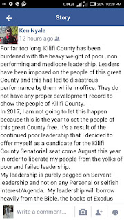 Hon Kennedy Nyale posting about ODM leaders planning to rig Nomination elections. PHOTO courtesy Hon Kennedy Nyale posting about ODM leaders planning to rig Nomination elections. PHOTO courtesy