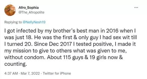 A woman infecting men with HIV and in a spree