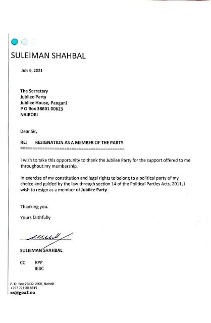 Suleiman Shahbal resignation letter