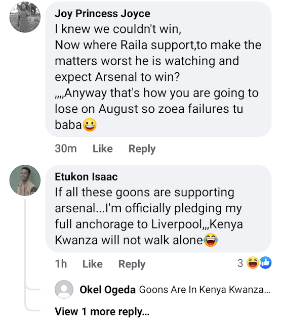 Raila Odinga live at Emirates Stadium to watch Arsenal vs Liverpool live photo Bad Omen!! Mapepo, Arsenal fans blames Raila Odinga for the loss against Liverpool