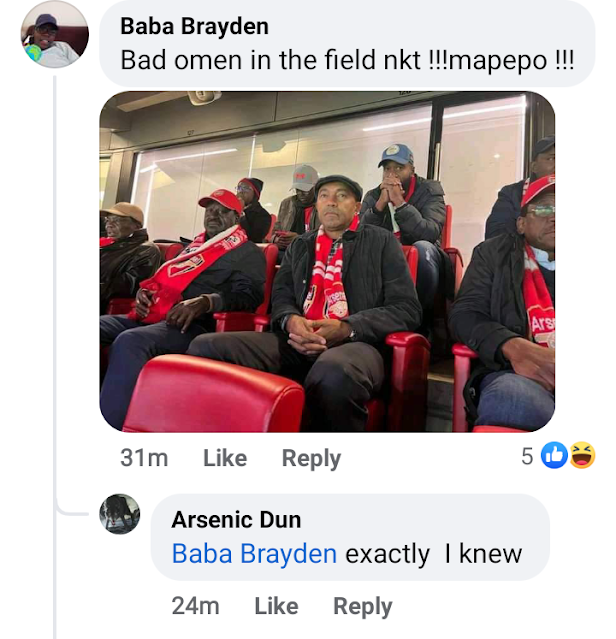 Raila Odinga live at Emirates Stadium to watch Arsenal vs Liverpool live photo Bad Omen!! Mapepo, Arsenal fans blames Raila Odinga for the loss against Liverpool