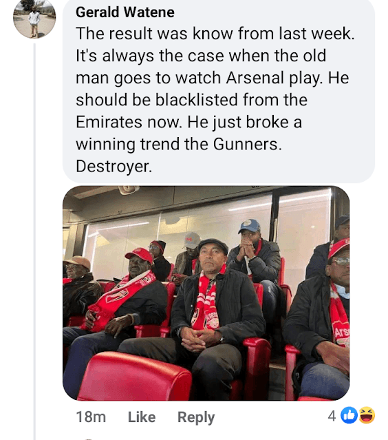 Raila Odinga live at Emirates Stadium to watch Arsenal vs Liverpool live photo Bad Omen!! Mapepo, Arsenal fans blames Raila Odinga for the loss against Liverpool