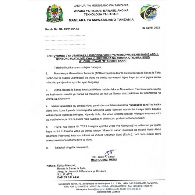 Diamond song with Zuchu banned by Tanzania Government