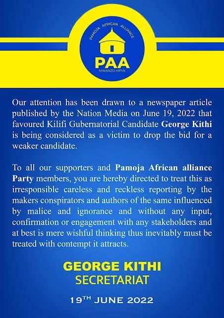 Kithi will not step down for Jumwa, PAA reacts to sponsored viral newspaper article