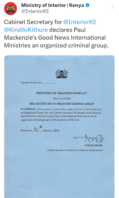 Interior Cabinet Secretary Kithure Kindiki declared Paul Mackenzie's church illegal in a gazette notification Interior Cabinet Secretary Kithure Kindiki declared Paul Mackenzie's church illegal in a gazette notification