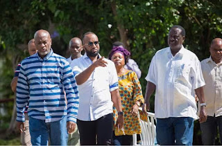 Senator Boy Juma Boy walking with the Cord Leader Raila Odinga in Kwale county. PHOTO | Courtesy Senator Boy Juma Boy walking with the Cord Leader Raila Odinga in Kwale county. PHOTO | Courtesy
