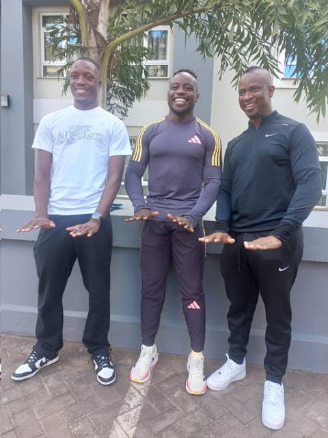 World 100m silver medalist Letsile Tebogo, Africa's fastest man Ferdinand Omanyala, and Tebogo’s coach Dose Mosimanyane World 100m silver medalist Letsile Tebogo, Africa's fastest man Ferdinand Omanyala, and Tebogo’s coach Dose Mosimanyane