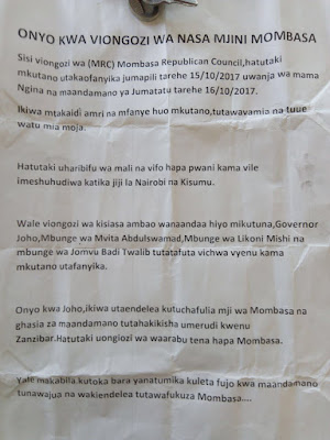 “Mombasa Mt Kenya businessmen approached MRC to disrupt Mama Ngina NASA rally and are responsible for the hate leaflets.” says MRC spokesman Richard Lewa. -David Waithaka