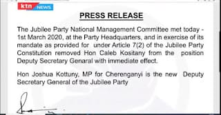 David Murathe kept his word, Jubilee Party deep state kicks Soy MP Caleb Kositany