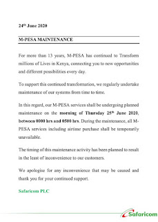 ALERT!!!  MPESA schedule maintenance on thursday hence service unavailability