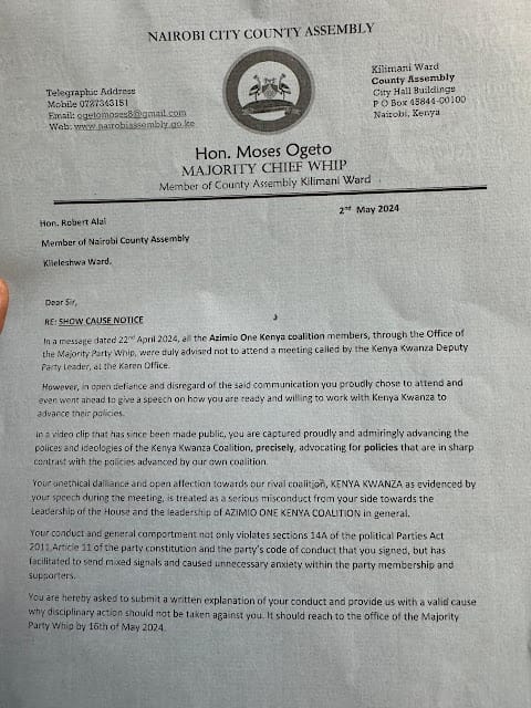 Kileleshwa MCA Robert Alai summoned by ODM disciplinary team, has 10 days to defend himself