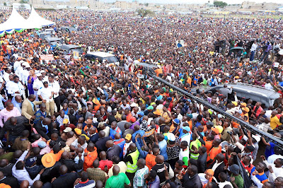 Jacaranda ground full of people waiting for Raila Odinga and NASA leaders. PHOTO | Courtesy #10MillionStrong UHURU MUST GO!! that was the slogan at Jacaranda as Odinga promises low cost of living.