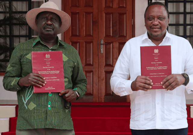 Raila and Uhuru with BBI document in Bomas of Kenya photo