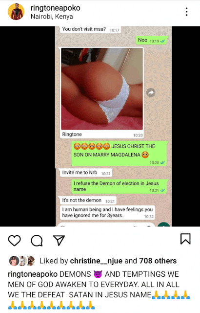 Ringtone Apoko shares a WhatsApp chats from a Mombasa lady calling her Devil
