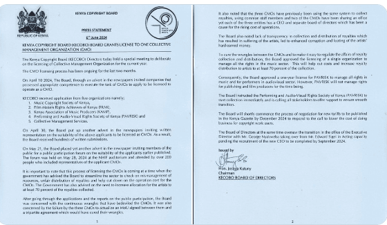 Kenya Copyright Board (KECOBO) chose to grant a CMO license to the Performing and Audio-Visual Rights Society of Kenya (PAVRISK) Kenya Copyright Board (KECOBO) chose to grant a CMO license to the Performing and Audio-Visual Rights Society of Kenya (PAVRISK)