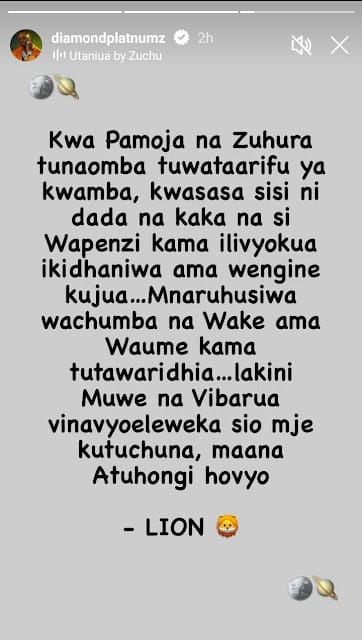 Diamond Plutnumz message to Zuchu