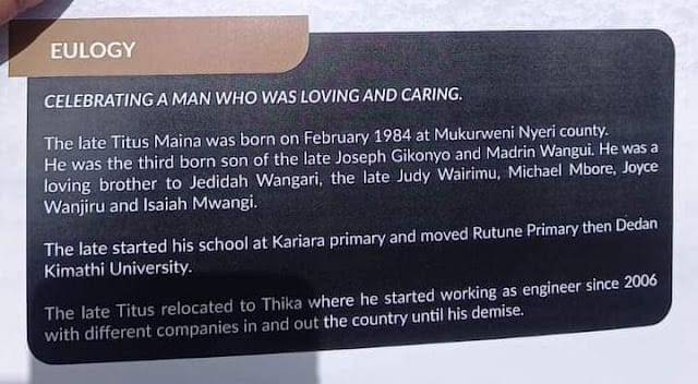 Tirus Maina Gikonyo eulogy reads without wife and children Tirus Maina Gikonyo eulogy reads without wife and children