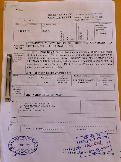 Juliet Riziki Baya whatsApp circulating viral documents in court photo over fraud Kachachawa charged for defrauding Kilifi Businessman Sh 1.5 Million promising him to get tenders