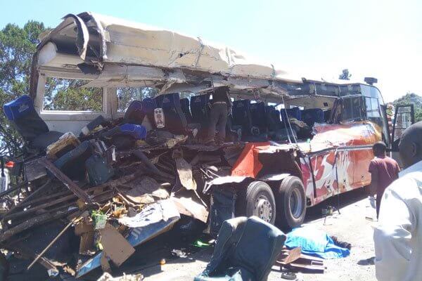 Wreckage of Modern Coast bus that was involved in the crash a the Sachangwan blackspot. The bus was headed to Kampala from Nairobi. PHOTO | MAGDALENE WANJA | NMG Wreckage of Modern Coast bus that was involved in the crash a the Sachangwan blackspot. The bus was headed to Kampala from Nairobi. PHOTO | MAGDALENE WANJA | NMG