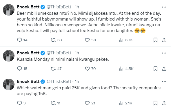 wife had instructed the watchman not to unlock the gate for him when he returned home late on Saturday night, Enock Bett, the CEO of Bandcom, vented his frustrations on his X account. wife had instructed the watchman not to unlock the gate for him when he returned home late on Saturday night, Enock Bett, the CEO of Bandcom, vented his frustrations on his X account.