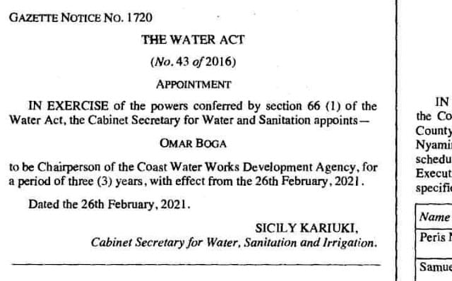 Raila Odinga ally Gii appointed as the new boss of a water parastatal at the coast
