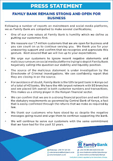 “Banks are operating in Miserable conditions but Family Bank will not close its doors”. Says Family Bank CEO Mr. Thuku.