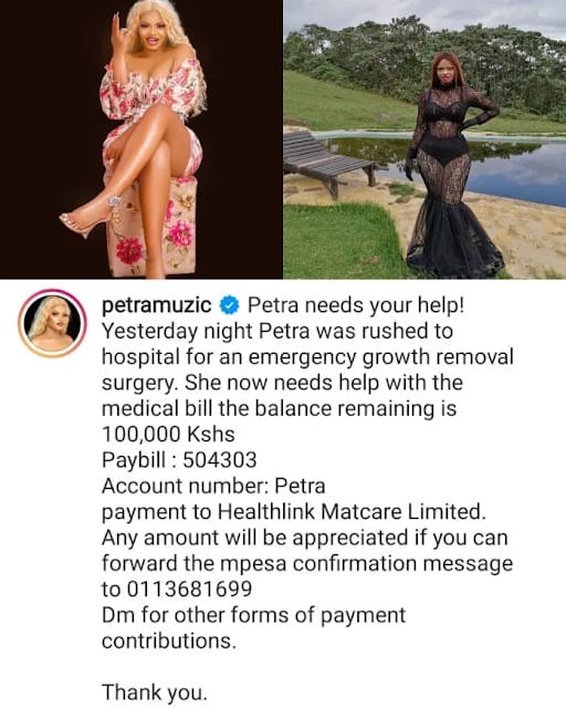 Why Kenyans refused to help singer Petra’s Sh 100,000 medical bill through paybill